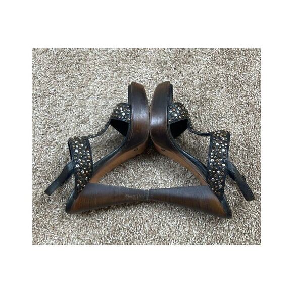 Frye "Joy" Black‎ Slingback Studded Leather T-Strap Stacked Heel Pumps Size 10B - Picture 8 of 10